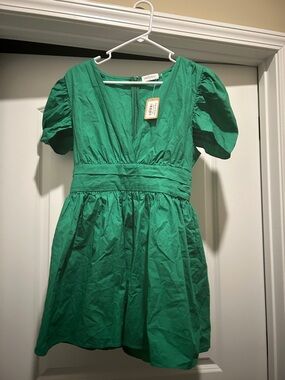 Green V-Neck Puff Sleeve Mini Dress